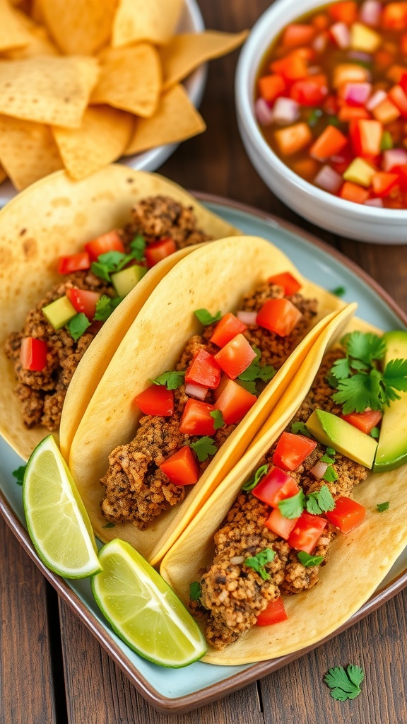 Tacos filled with quinoa taco meat, topped with tomatoes and avocado, served with salsa and chips.
